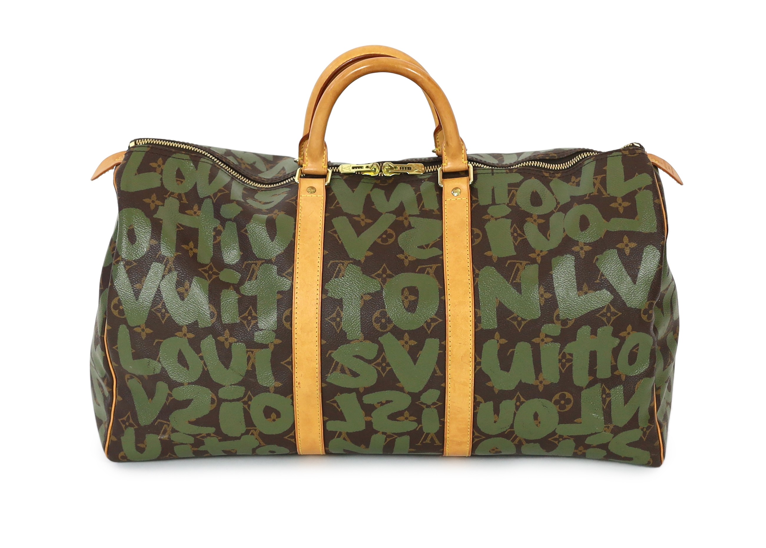 A vintage 2001 Louis Vuitton Stephen Sprouse Khaki Green Monogram Graffiti Keepall 50